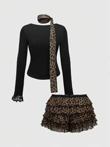 Patchwork Top Court Serré et Jupe-Short Taille Basse