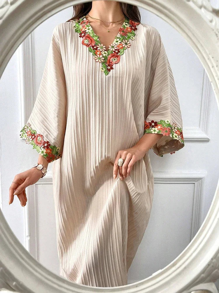 Rafiah Boutique Women's Even Dress Modest Fashion Screw Thread Sophisticated Long Sleeve V-Neck Appliques Loose Fit Dresses