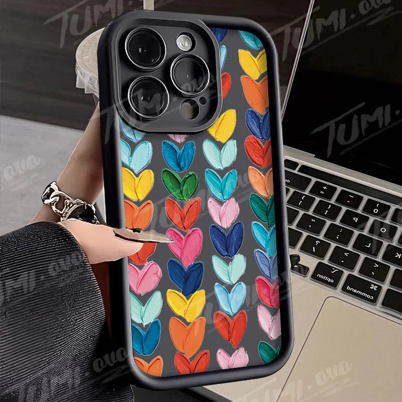 Lovely Rainbow Love Heart Soft Silicone Case for iPhone 14 15 Pro Max 13 12 11 X XS XR 7 8 Plus SE 2020 Shockproof Back Cover