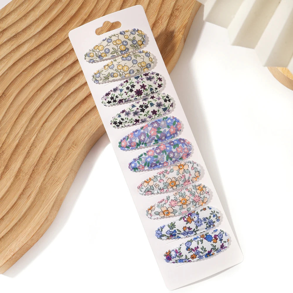 10Pcs/Lot Fresh Print Cotton Alloy Hair Clips for Kids Fabric