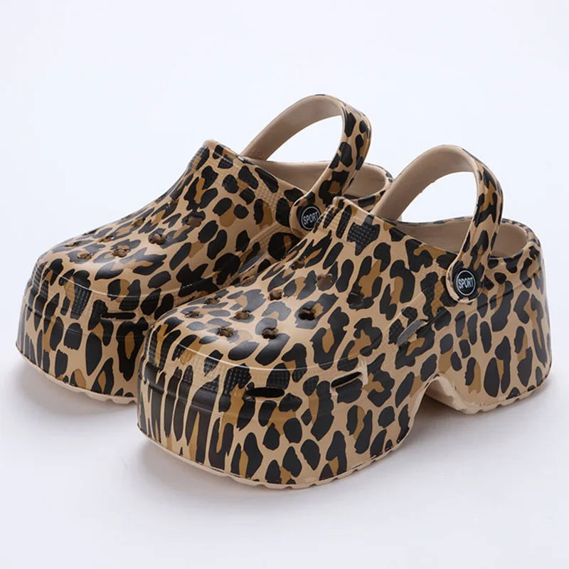 Leopard Thick Bottom Clogs for Women Closed Toe Chunky