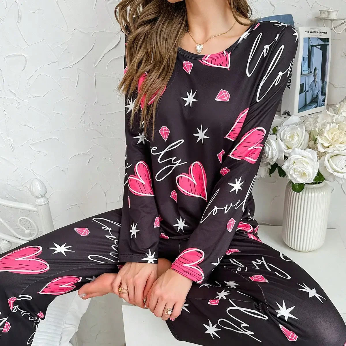 Aututmn Winter Leopard Print Pajamas for Women Heart Pattern