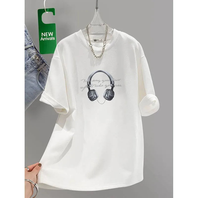 Women's Clothing Chic Headset Print Basic Pullovers Summer Casual Loose Pure Cotton Short Sleeve T-shirt Lady All-match Top Tees