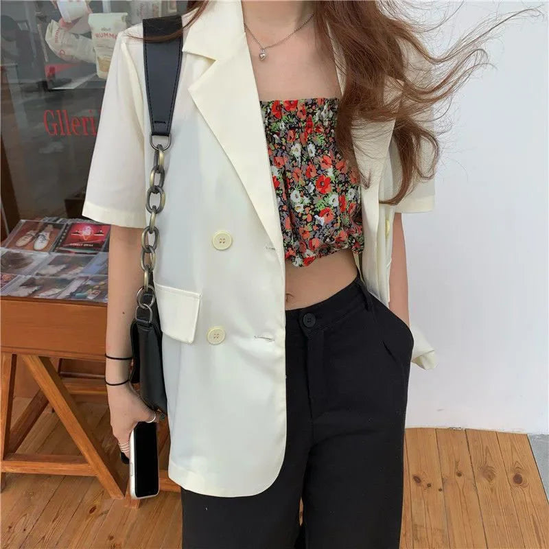 SMVP 2025 Women's Summer Short-sleeved Jacket Casual All-match Loose Double-breasted Blazers Coat Woman Korean Chic White Blazer