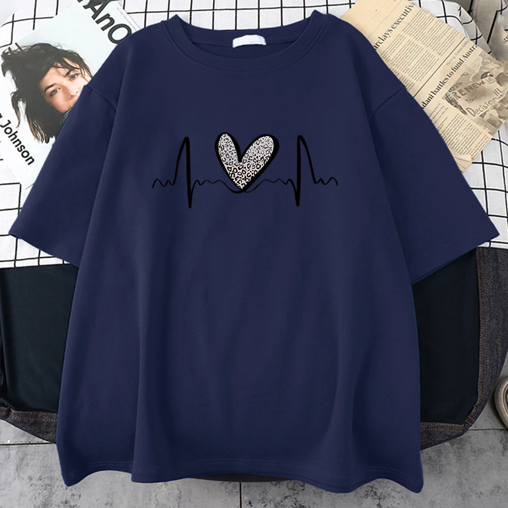Fluctuating Leopard Heart Electrocardiogram T-Shirt Women Summer Soft Clothing Fashion Short Sleeve Plus Size Cotton Tshirts