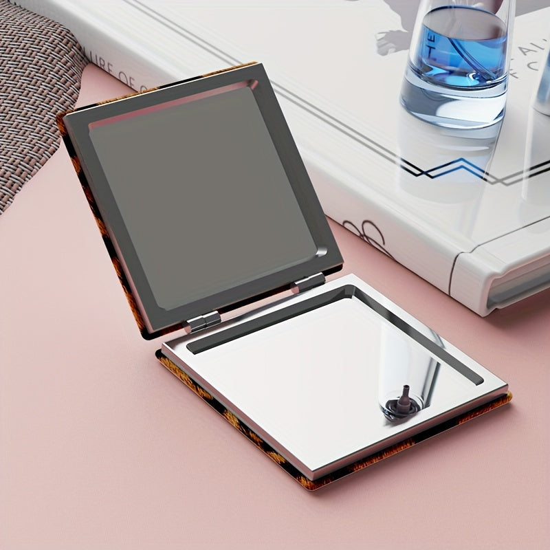 Miroir compact Jungle Line à motif léopard, double face, pliable, cadre noir, surface anti-choc, design élégant pour voyage et maquillage