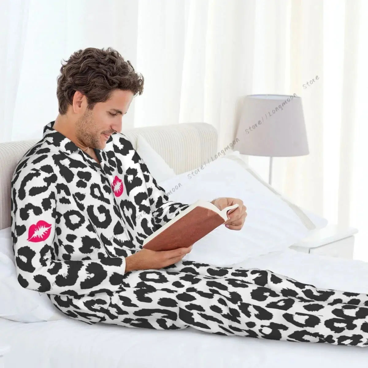 Men Pajama Sets Black And White Leopard Texture Jungle Line