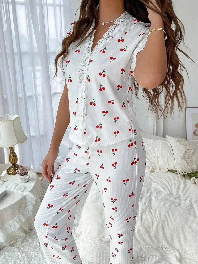 Lace Trim Women Pajama Set Short Sleeve - Jungle Line