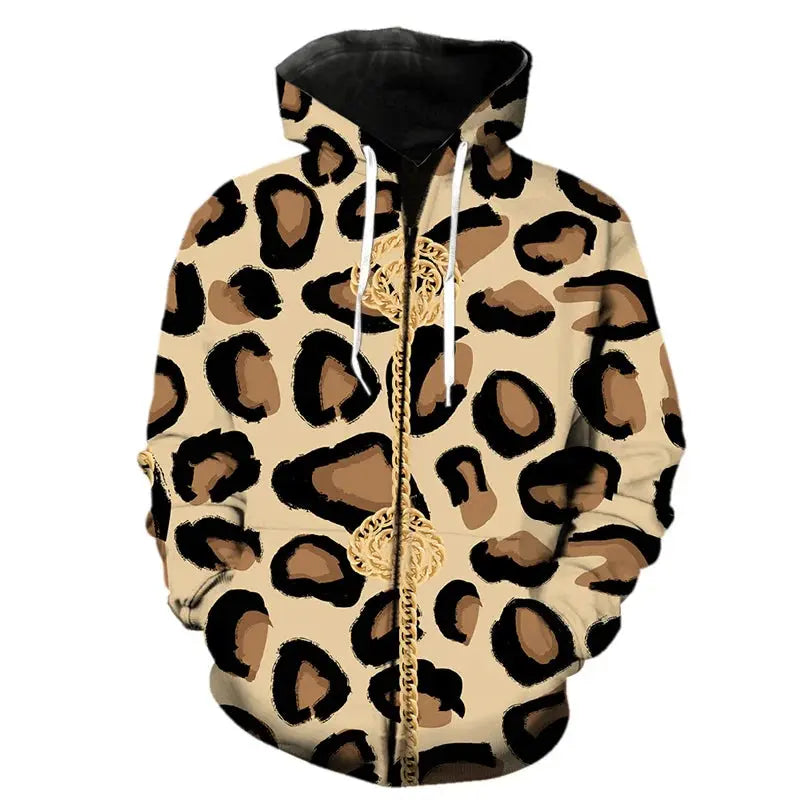 Jungle Line leopard print zipper hoodie in 2XL, featuring a stylish fashion pattern and comfortable fit.
