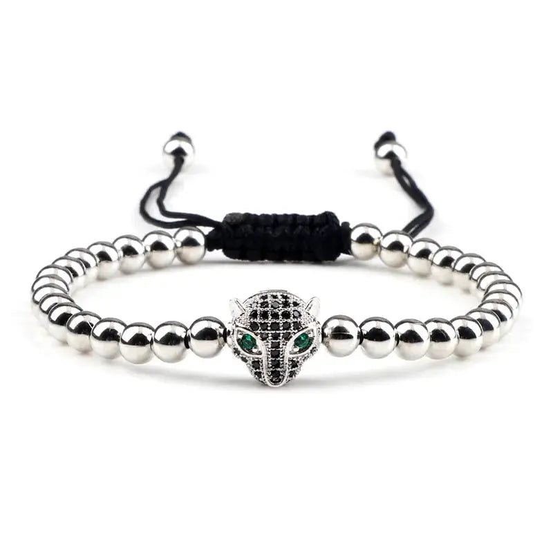 Bracelet avec charm tête de léopard, perles en cuivre de 5 mm, bracelet Jungle Line, style sauvage et élégant