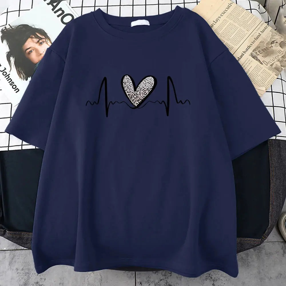 Fluctuating Leopard Heart Electrocardiogram T-Shirt Women Summer Soft Clothing Fashion Short Sleeve Plus Size Cotton Tshirts - Jungle Line
