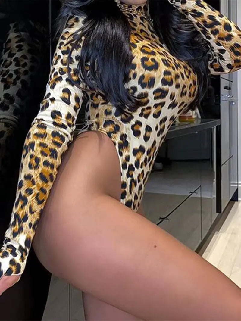 Leopard Print Skinny Bodysuit for Women Spring Autumn Hot Sexy Trendy Long Sleeve High Neck Female Rompers Overalls 1 Piece