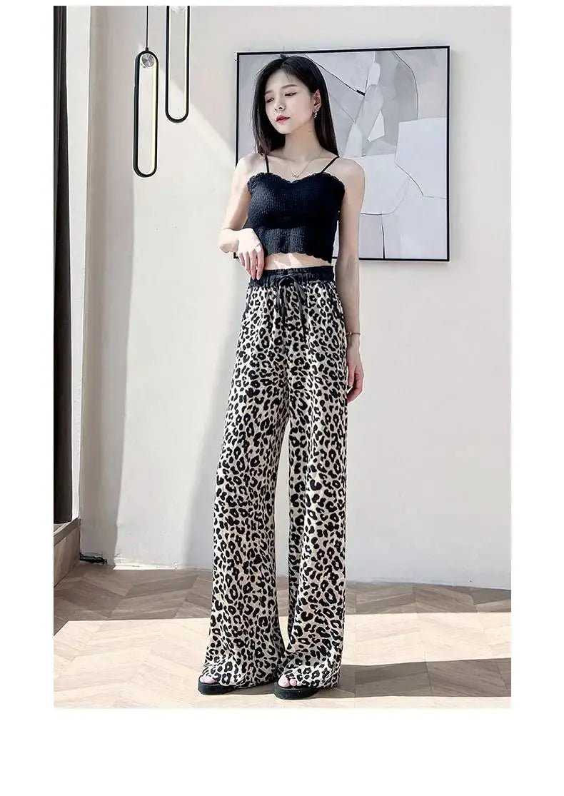 Leopard Ice Silk Print Wide Leg Pants Women's New Chiffon Drawstring High Waist Draped Floor Mopping Pants - Jungle Line