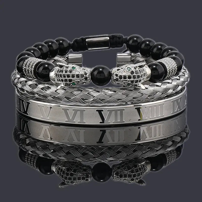 Luxury Black Stone Beads Leopard Head Man Bracelet Jungle Line