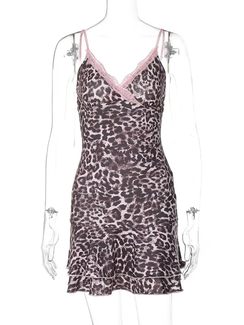 Women Sexy Party Club Vacation V Neck Leopard Bodycon Lace Mini Dress 2024 Summer Clothes Wholesale Items for Business
