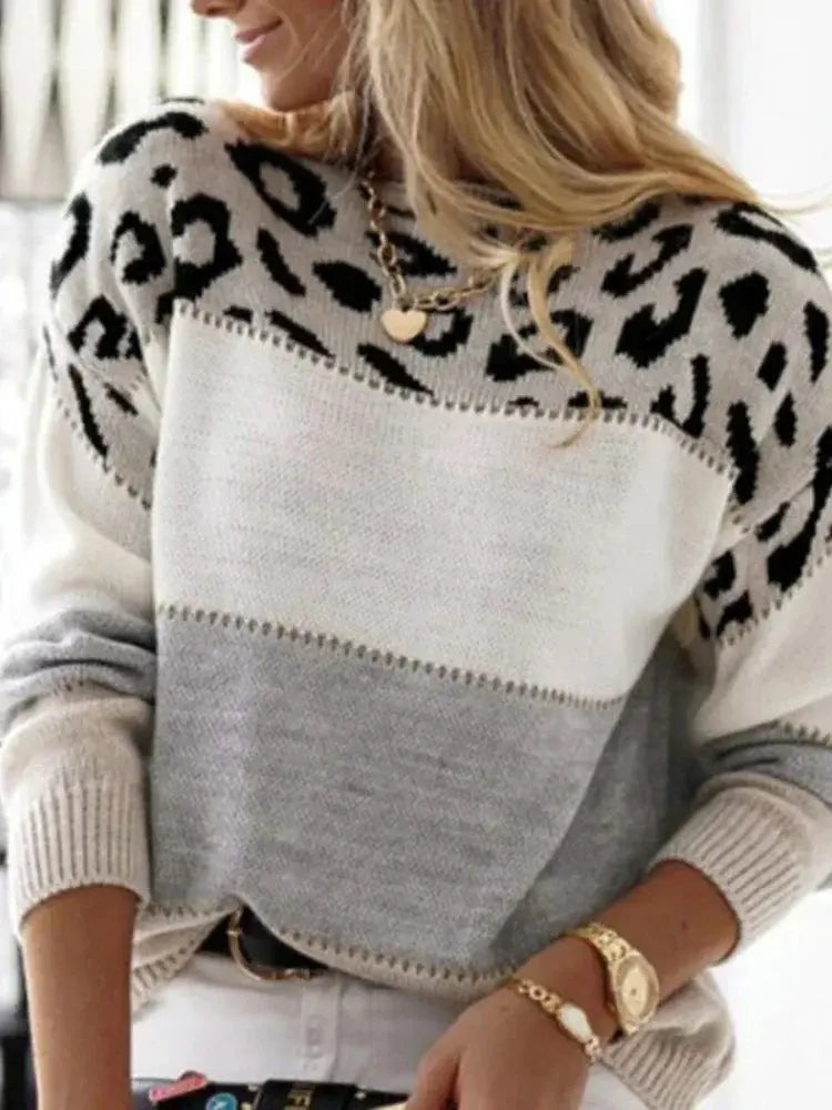 Leopard Print Color Block Knitted Women's Sweater Casual Crewneck Pullover Long Sleeve Fall Winter Fashion Streetwear Loose Fit - Jungle Line