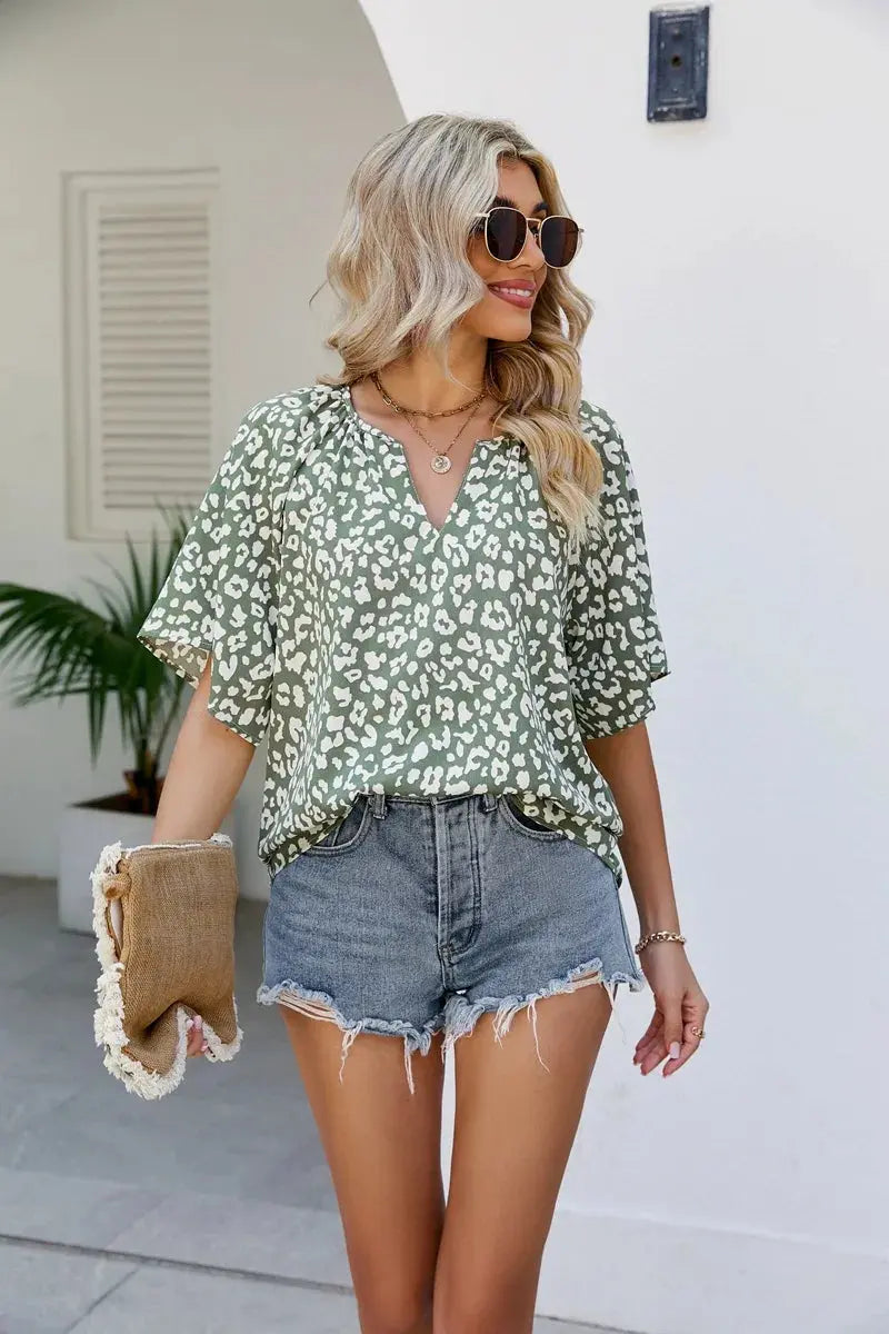 New Leopard Print Short-sleeved V-neck Loose Casual Jungle Line