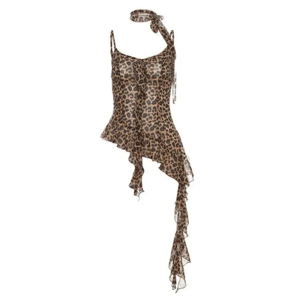 Jungle Line leopard halter camisole with ruffled edges, lace-up front, slim fit, sleeveless Y2K crop top for women.