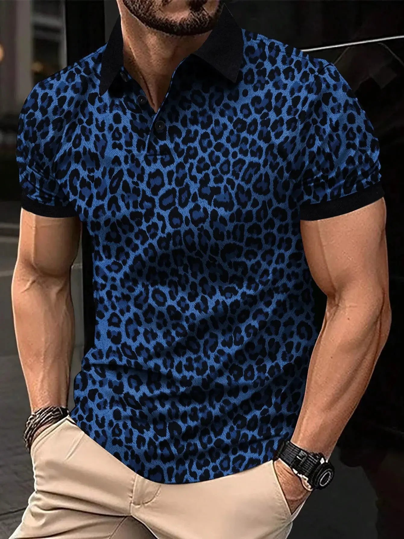 Yellow men's fashion T-shirt by Jungle Line featuring a bold leopard print, short-sleeve design, and relaxed fit.