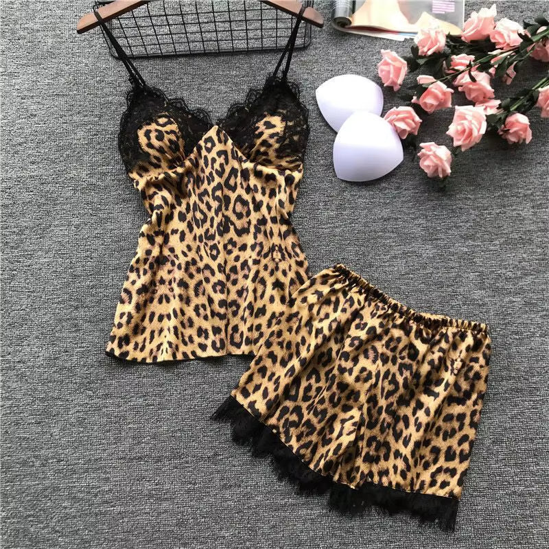 Summer Leopard Print Lace Splicing Pajamas 3 Types Women Sexy Robe Vest Shorts Set Soft Sleeveless Deep V-Neck Home Pajamas Robe