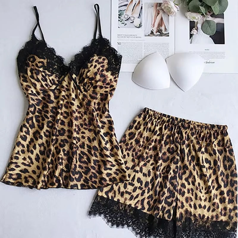 Summer Leopard Print Lace Splicing Pajamas 3 Types Women Sexy Robe Vest Shorts Set Soft Sleeveless Deep V-Neck Home Pajamas Robe