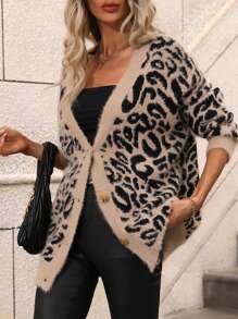 Cardigan Motif Léopard Épaule Tombante - Ourlet Duveteux