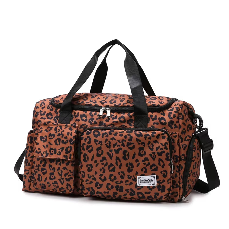 Classic Leopard Print Large Capacity Leisure Luggage Bag with Multiple Pockets and Shoe Compartment Sports Fitness Travel Bag