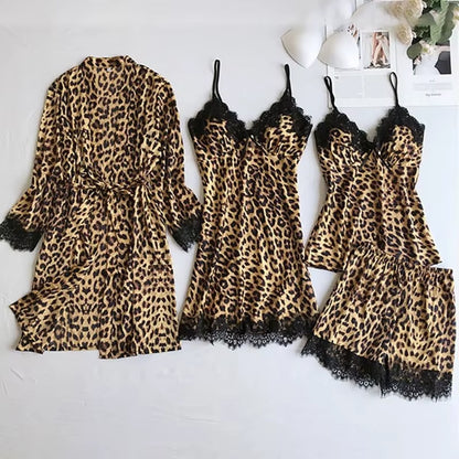 Summer Leopard Print Lace Splicing Pajamas 3 Types Women Sexy Robe Vest Shorts Set Soft Sleeveless Deep V-Neck Home Pajamas Robe