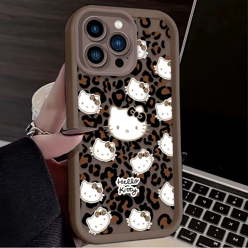 Hello Kitty Leopard Print Phone Case for Iphone 16 15 14 13 12 11 Pro Max XS X XR 8 7 6S plus SE 2020 Liquid Silicone Soft Cover
