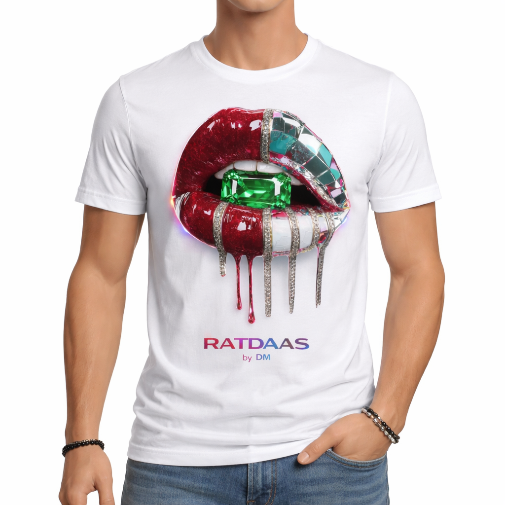 T-shirt homme Apliiq avec motif lèvres émeraude, collection Ratdaas, en coton, porté sur mannequin.