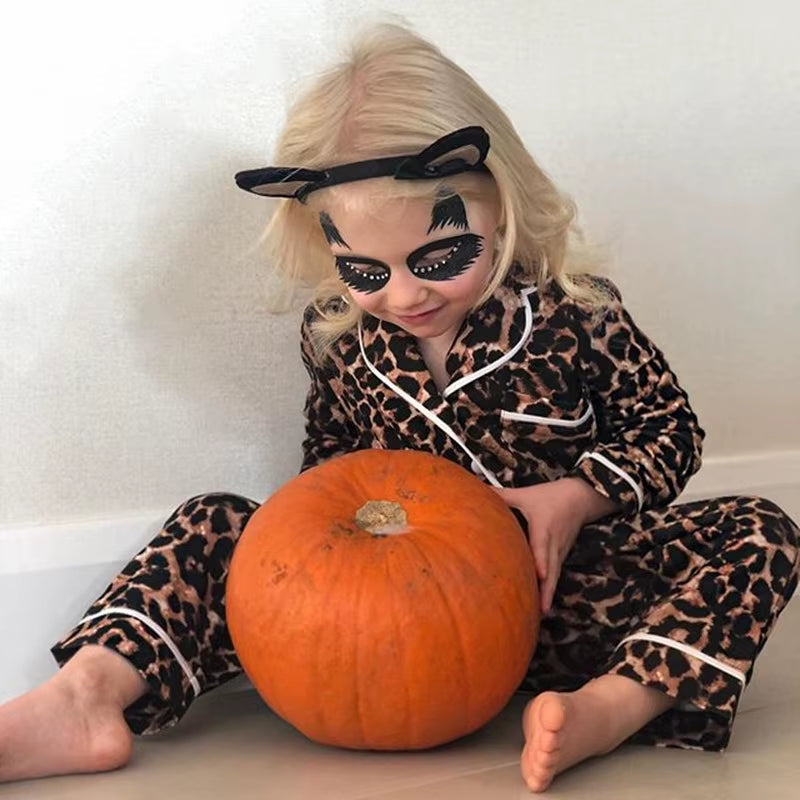 1-6Y Kids Girls Leopard Pajamas Set Baby Sleepwear Summer Autumn Short Sleeve Casual Satin Pyjamas Children Nightwear