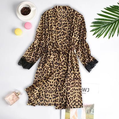 Summer Leopard Print Lace Splicing Pajamas 3 Types Women Sexy Robe Vest Shorts Set Soft Sleeveless Deep V-Neck Home Pajamas Robe