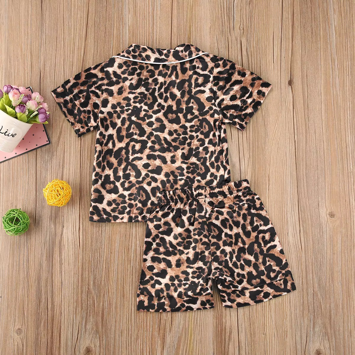 1-6Y Kids Girls Leopard Pajamas Set Baby Sleepwear Summer Autumn Short Sleeve Casual Satin Pyjamas Children Nightwear