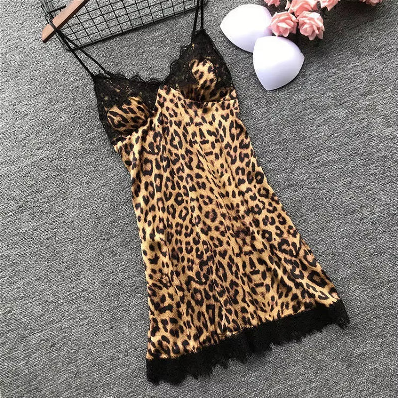 Summer Leopard Print Lace Splicing Pajamas 3 Types Women Sexy Robe Vest Shorts Set Soft Sleeveless Deep V-Neck Home Pajamas Robe