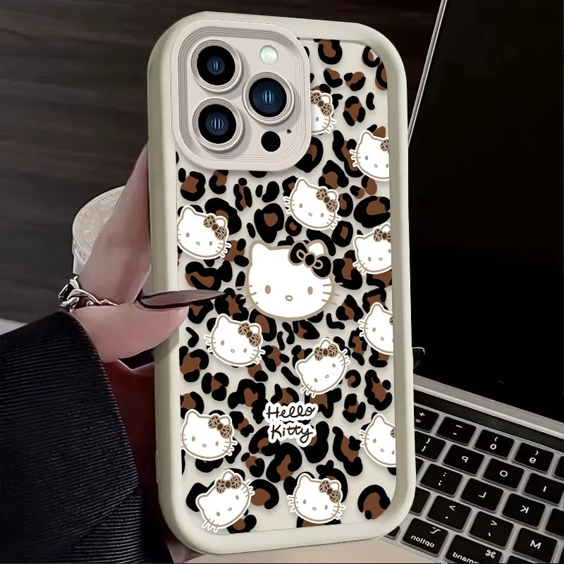 Hello Kitty Leopard Print Phone Case for Iphone 16 15 14 13 12 11 Pro Max XS X XR 8 7 6S plus SE 2020 Liquid Silicone Soft Cover