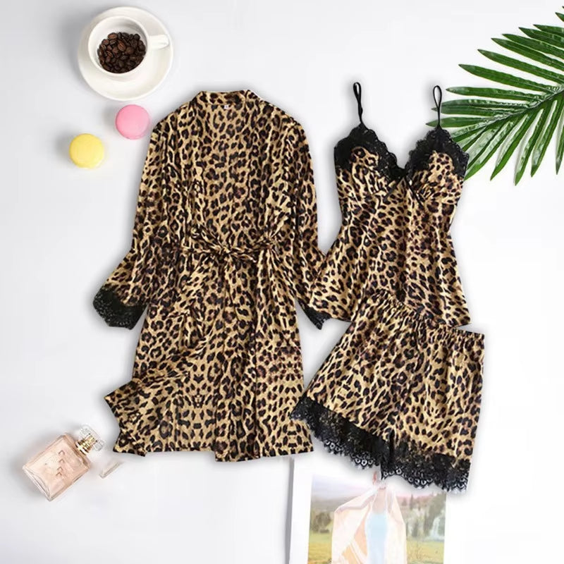 Summer Leopard Print Lace Splicing Pajamas 3 Types Women Sexy Robe Vest Shorts Set Soft Sleeveless Deep V-Neck Home Pajamas Robe