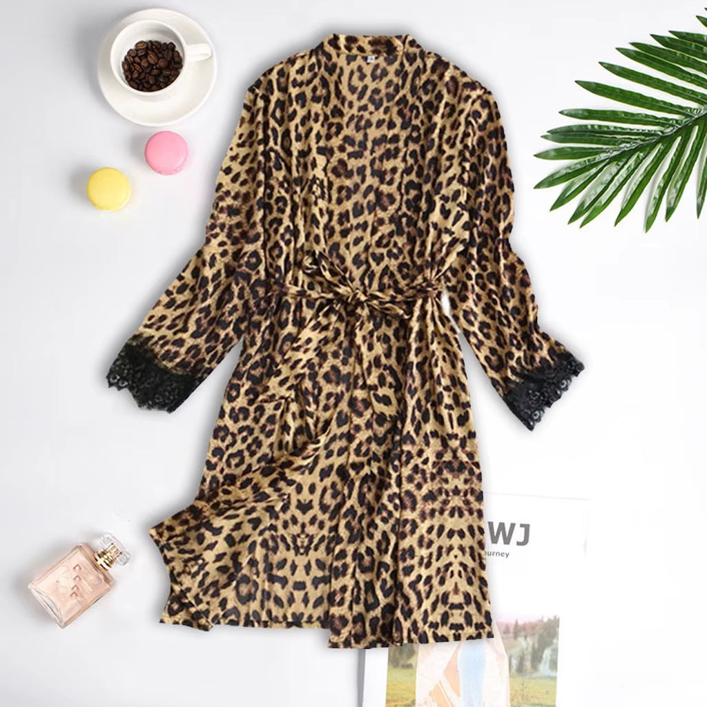 Summer Leopard Print Lace Splicing Pajamas 3 Types Women Sexy Robe Vest Shorts Set Soft Sleeveless Deep V-Neck Home Pajamas Robe