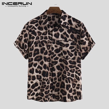 Casual Leopard Printed Men Shirt Short Sleeve Party