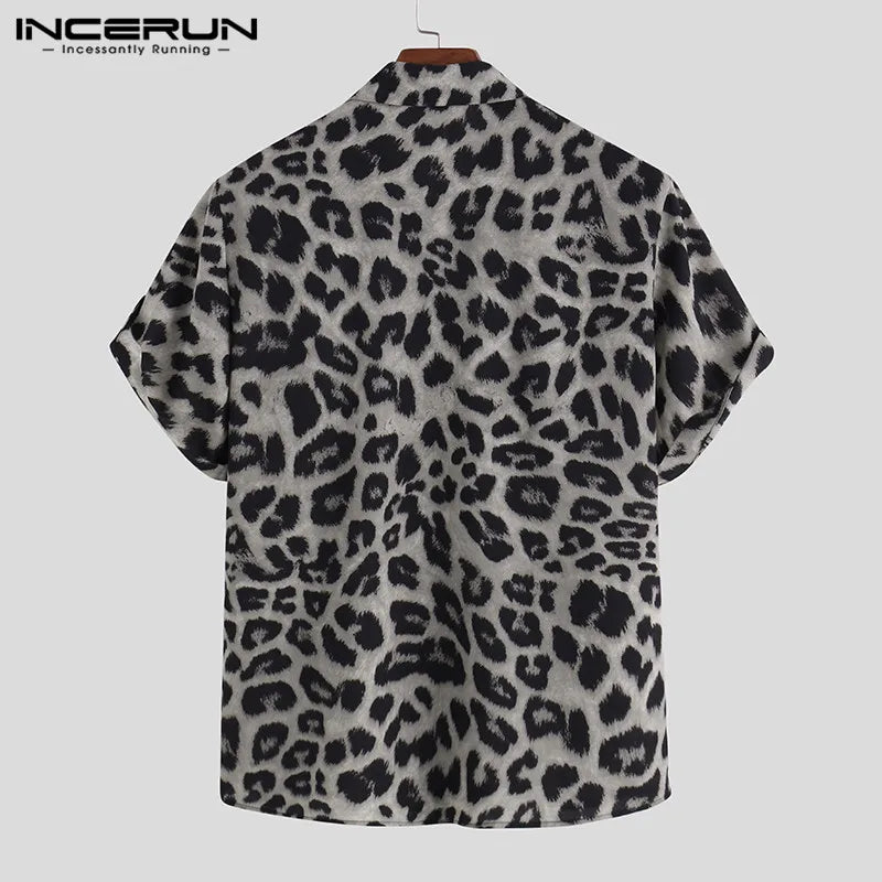 Casual Leopard Printed Men Shirt Short Sleeve Party