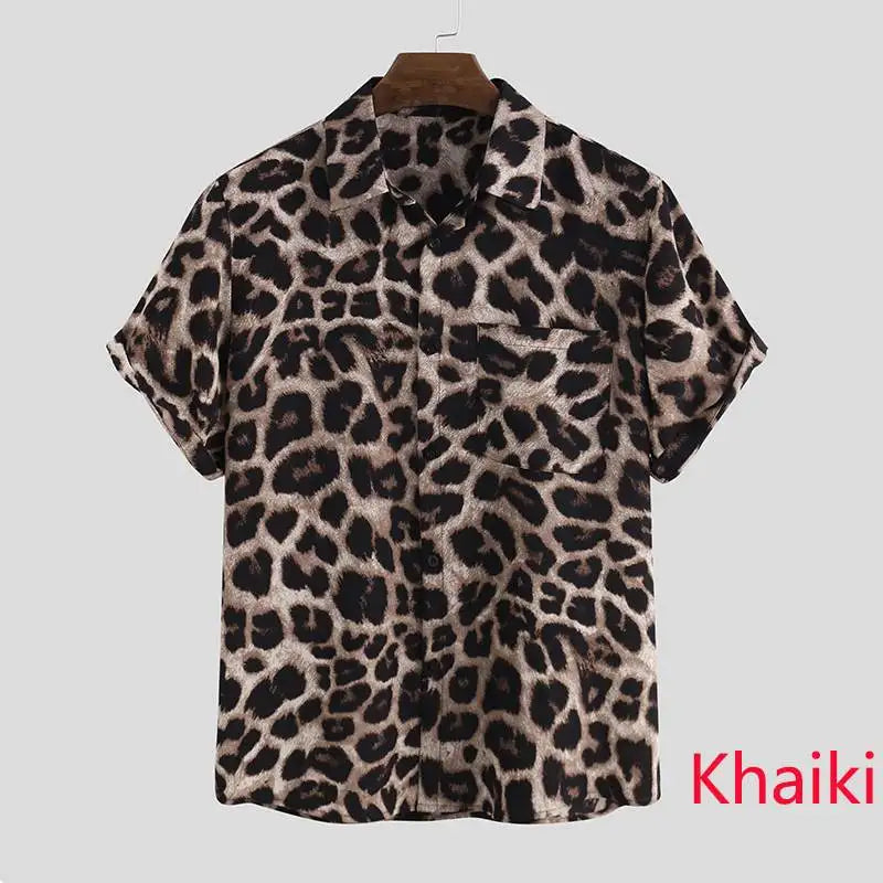 Casual Leopard Printed Men Shirt Short Sleeve Party