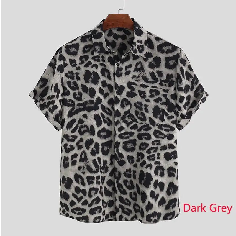 Casual Leopard Printed Men Shirt Short Sleeve Party