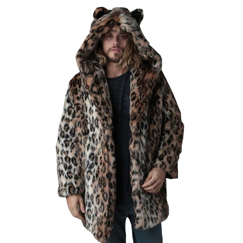 Plus Size Faux Fur Jacket For Men  Winter Male Leopard