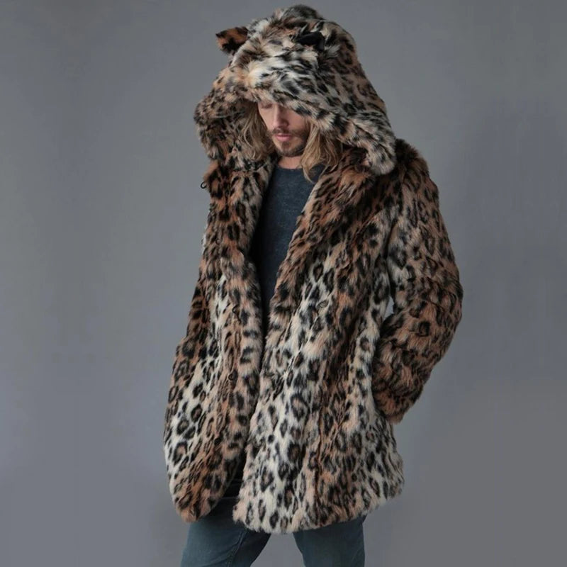 Plus Size Faux Fur Jacket For Men  Winter Male Leopard