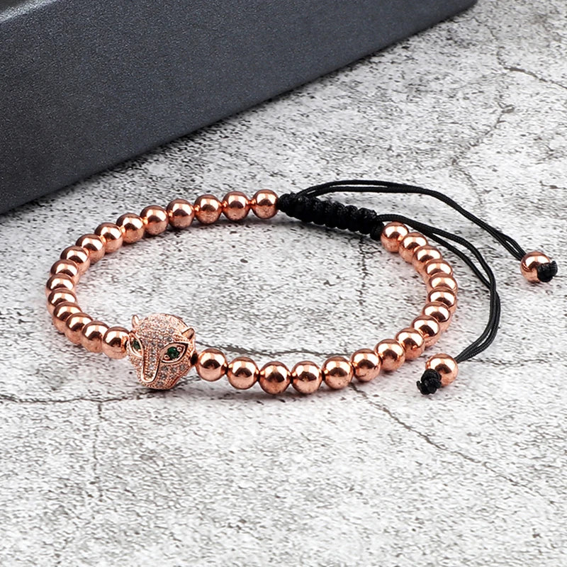 Leopard Head Charm Bracelet 5mm Copper Beads