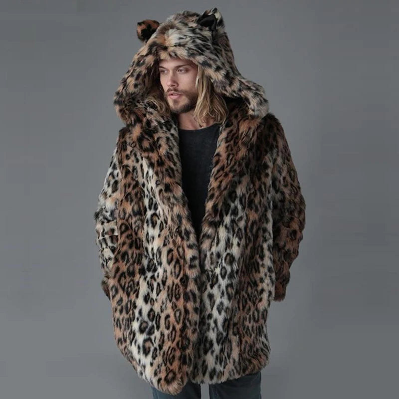 Plus Size Faux Fur Jacket For Men  Winter Male Leopard