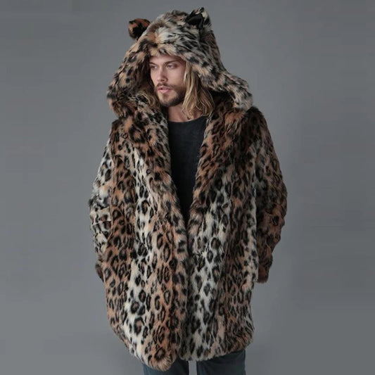 Plus Size Faux Fur Jacket For Men  Winter Male Leopard