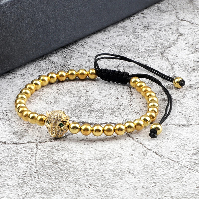 Leopard Head Charm Bracelet 5mm Copper Beads