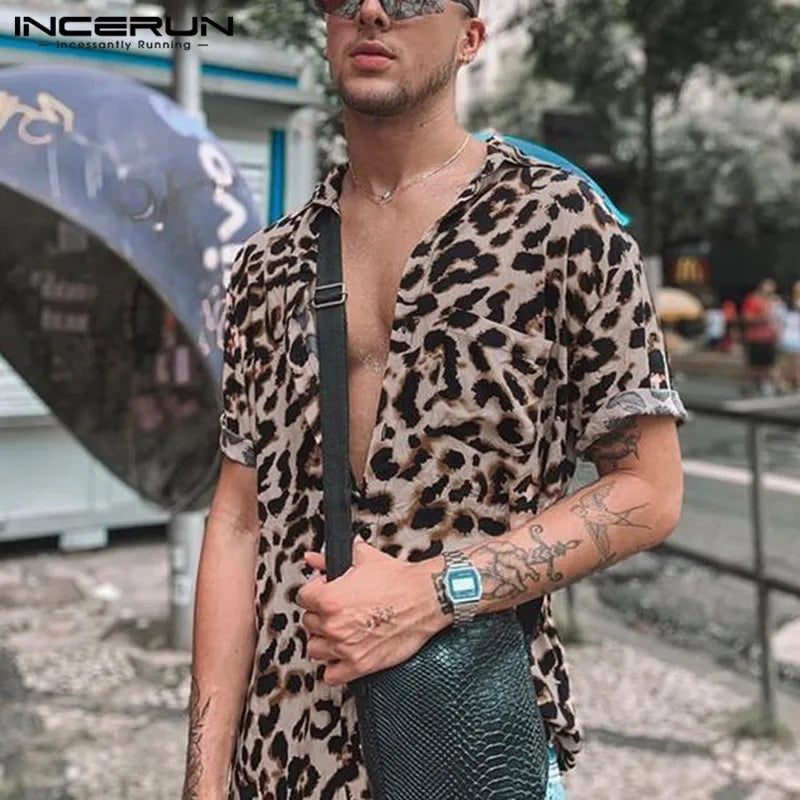 Casual Leopard Printed Men Shirt Short Sleeve Party