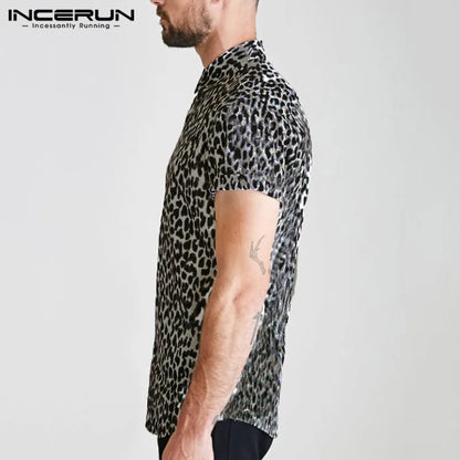 Casual Leopard Printed Men Shirt Short Sleeve Party