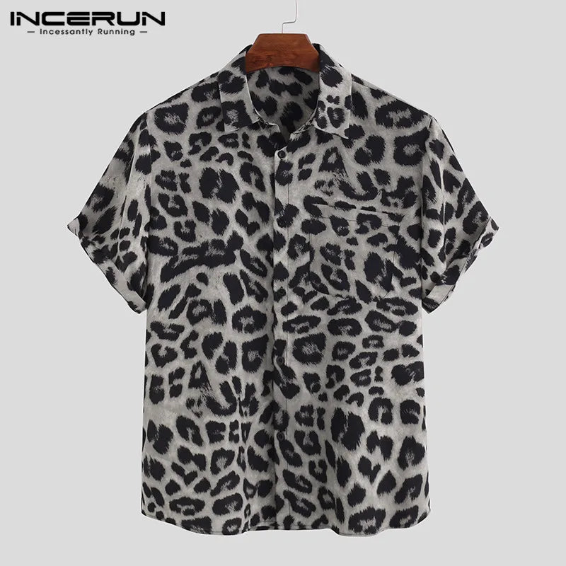 Casual Leopard Printed Men Shirt Short Sleeve Party